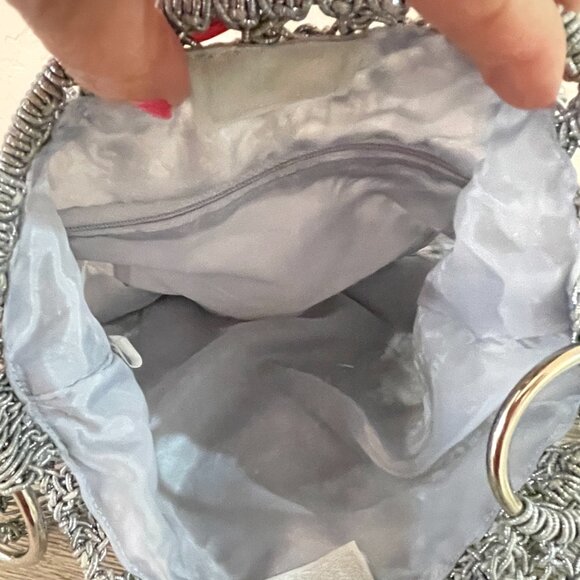 Crossbody Bag Macrame Crochet Beaded Fringe Silver Purse - Picture 8 of 9